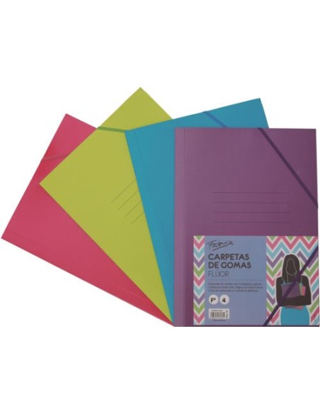 PAQ 4 CARPETA CARTON Fº GOMAS Y SOLAPAS FLUOR SURTIDOS